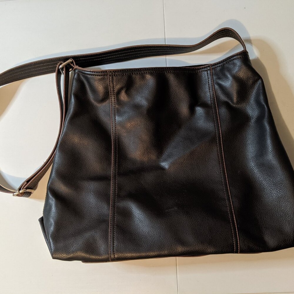Nine & Co Black Brown Leather Shoulder Bag, Adjustable Strap, Silver Hardware